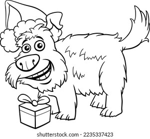 Black and white cartoon illustration of shaggy dog animal character with gift on Christmas time coloring page