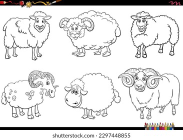 Black and white cartoon illustration of sheep farm animal comic characters set coloring page
