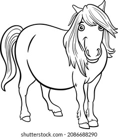 Black and white cartoon illustration of shetland pony farm animal character coloring book page