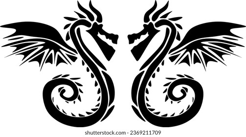 black and white cartoon illustration. silhouette of a fire dragon. Flying fantasy dragon