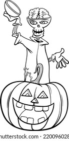 Black and white cartoon illustration of skeleton character with Halloween pumpkin coloring page