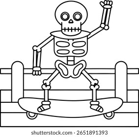 A black and white cartoon illustration of a skeleton riding a skateboard on a wooden ramp. The skeleton is in motion, with one arm raised.