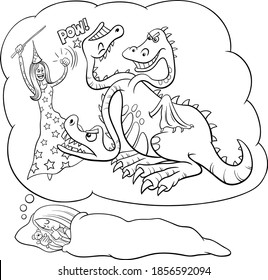 Black and white cartoon illustration of sleeping young girl dreaming about defeating the dragon coloring book page