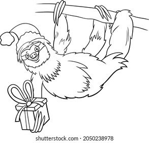 Black and white cartoon illustration of sloth animal character with present on Christmas time coloring book page