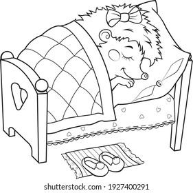 Black and White Cartoon Illustration a small hedgehog sleeping in a crib  Coloring Book Page