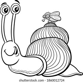 Black and white cartoon illustration of snail and fly insect animal characters coloring book page