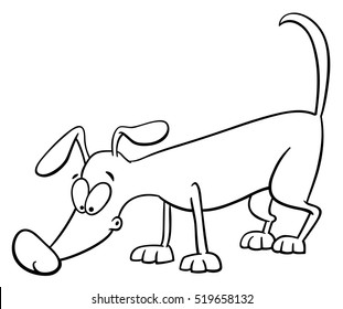 Black and White Cartoon Illustration of Sniffing Dog Animal Character Coloring Book