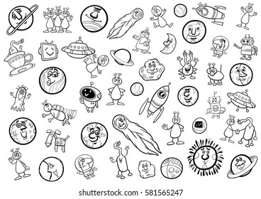 Black and White Cartoon Illustration of Space Objects and Fantasy Characters Set Coloring Page