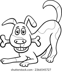 Black and white cartoon illustration of spotted dog animal character with dog bone coloring page