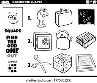 Black and white cartoon illustration of square geometric shape educational odd one out task for children coloring book page