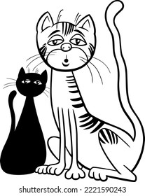 Black and white cartoon illustration of surprised or sleepy cat comic animal character coloring page