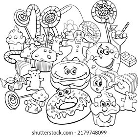 Black and white cartoon illustration of sweet food objets and candy objects group coloring page