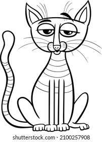 Black and white cartoon illustration of tabby cat comic animal character coloring book page