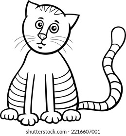 Black and white cartoon illustration of tabby cat comic animal character coloring page