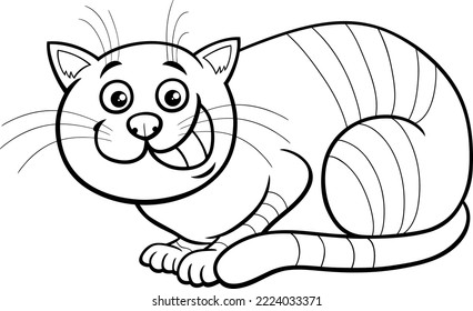 Black and white cartoon illustration of tabby cat comic animal character coloring page