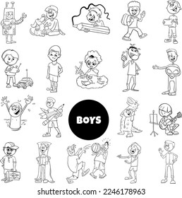 Black and white cartoon illustration of teen and elementary age boys characters big set
