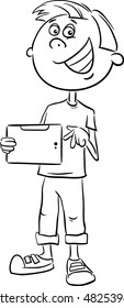 Black and White Cartoon Illustration of Teen Boy with Tablet PC for Coloring Book