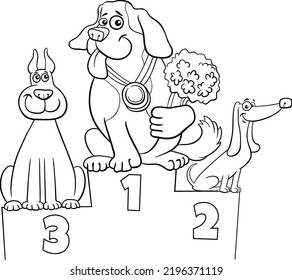 Black and white cartoon illustration of three dogs animal characters on the podium at the dog show coloring page