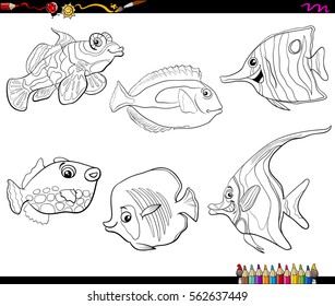 Black and White Cartoon Illustration of Tropical Fish Sea Life Animal Characters Set Coloring Page