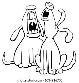 Black and White Cartoon Illustration of Two Dogs Animal Characters Barking or Howling Coloring Book