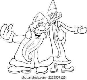 Schwarzweiß-Cartoon-Illustration von zwei Santa Clauses-Figuren, die eine weihnachtliche Carol-Farbseite singen