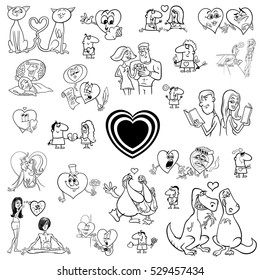 Black and White Cartoon Illustration of Valentines Day Design Elements Characters and Clip Art Set
