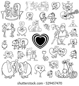 Black and White Cartoon Illustration of Valentines Day Characters and Design Elements Set