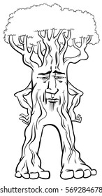 Black and White Cartoon Illustration of Walking Tree Creature Fantasy Character Coloring Page