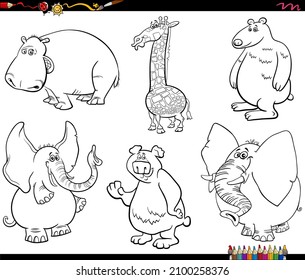 Black and white cartoon illustration of wild animals comic characters set coloring book page