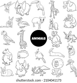Black and white cartoon illustration of wild animal species characters big set