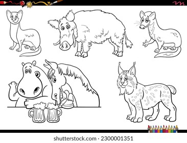Black and white cartoon illustration of wild animal comic characters set coloring page