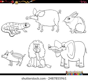 Black and white cartoon illustration of wild animal characters set coloring page