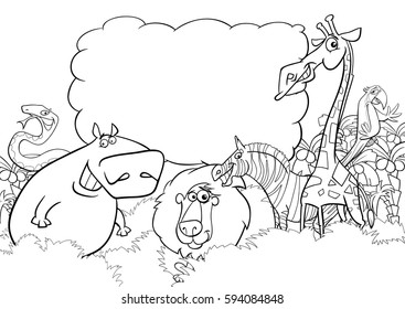 Black and White Cartoon Illustration of Wild Animal Characters with Blank Cloud Coloring Page