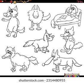 Black and white cartoon illustration of wolves animal characters set coloring page