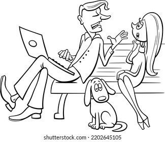 Black And White Cartoon Illustration Of A Woman And A Guy Talking On A Park Bench And A Bored Dog Coloring Page