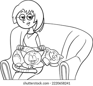 Black and white cartoon illustration of woman with her cats on the armchair coloring page