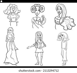 Black and white cartoon illustration of women characters set coloring book page