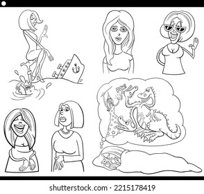 Black and white cartoon illustration of women comic characters set coloring page