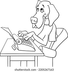 Black and white cartoon illustration of the writer or poet dog with typewriter coloring page