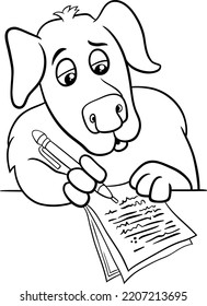 Black and white cartoon illustration of the writer or poet dog writting on paper coloring page