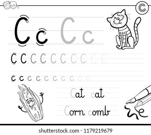 Black and White Cartoon Illustration of Writing Skills Practice Workbook with Letter C for Preschool and Elementary Age Children Coloring Book