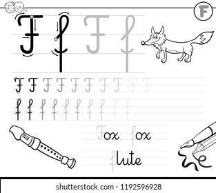 Black and White Cartoon Illustration of Writing Skills Practice with Letter F for Preschool and Elementary Age Children Color Book