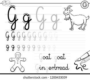 Black and White Cartoon Illustration of Writing Skills Practice with Letter G for Preschool and Elementary Age Children Color Book
