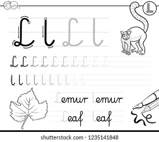 Black and White Cartoon Illustration of Writing Skills Practice with Letter L for Preschool and Elementary Age Children Color Book