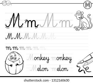 Black and White Cartoon Illustration of Writing Skills Practice with Letter M for Preschool and Elementary Age Children Color Book