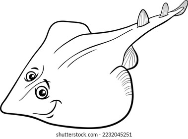 Black and white cartoon illustration of xyster or guitarfish marine animal character coloring page