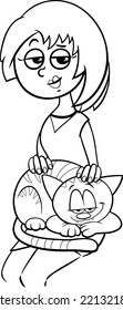 Black and white cartoon illustration of a young woman petting a cat on her lap coloring page