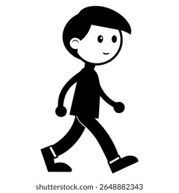  A black and white cartoon illustration of a young boy walking. Ideal for various design projects, avatars, and educational content.