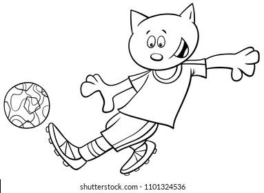Black and White Cartoon Illustrations of Cat Football or Soccer Player Character with Ball Coloring Book