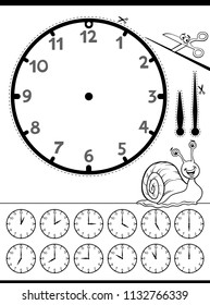 Black and White Cartoon Illustrations of Clock Face Telling Time Educational Worksheet for Children